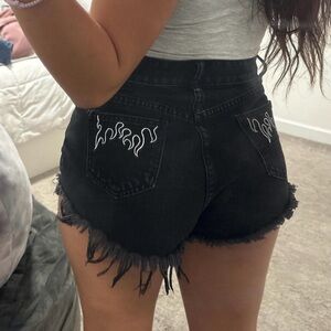 SHEIN Black Denim Shorts with White Flame Detail